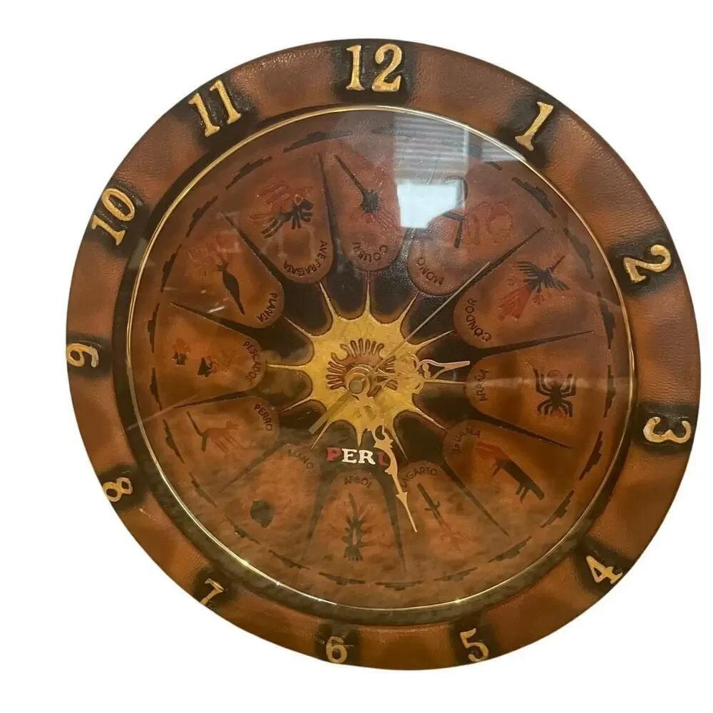 VTG CLOCK LEATHER WALL PERUVIAN NAZCA LINES BOHO RUSTIC RARE